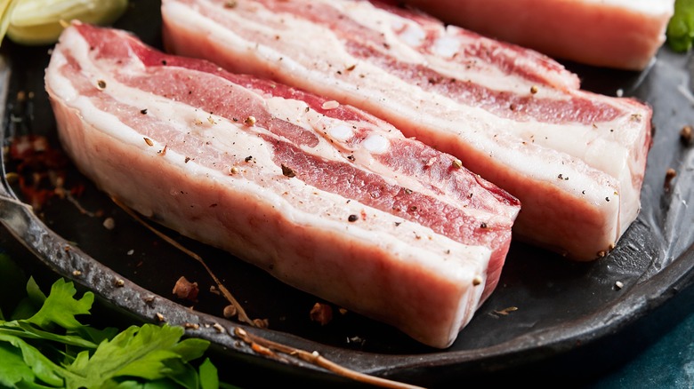 Slabs of seasoned pork belly