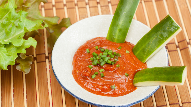 ssamjang dipping sauce with cucumber sticks