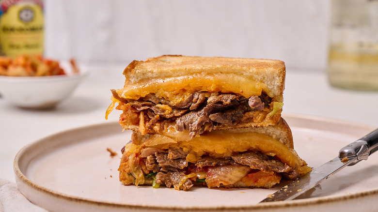 steak and cheese on sandwich