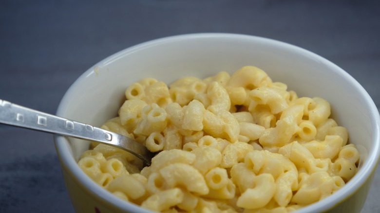 Bowl of mac and cheese on counter