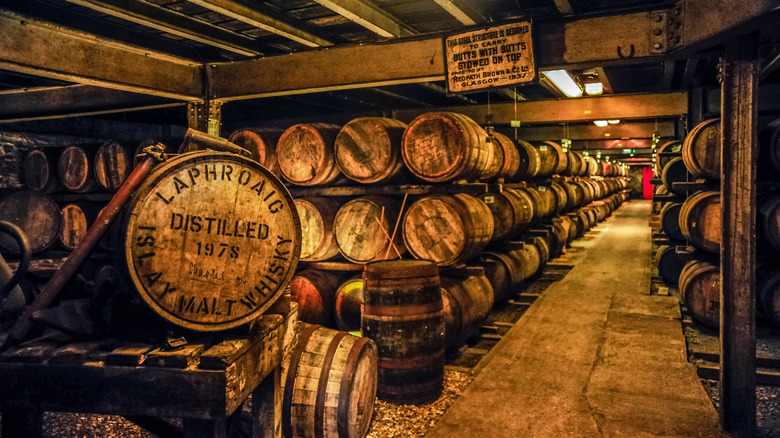 Aging barrels at Laphroaig distillery