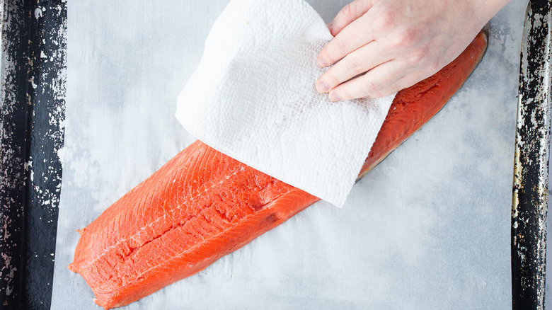 patting salmon dry with paper towel