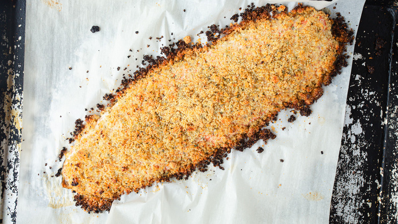 breadcrumb crusted salmon on baking sheet