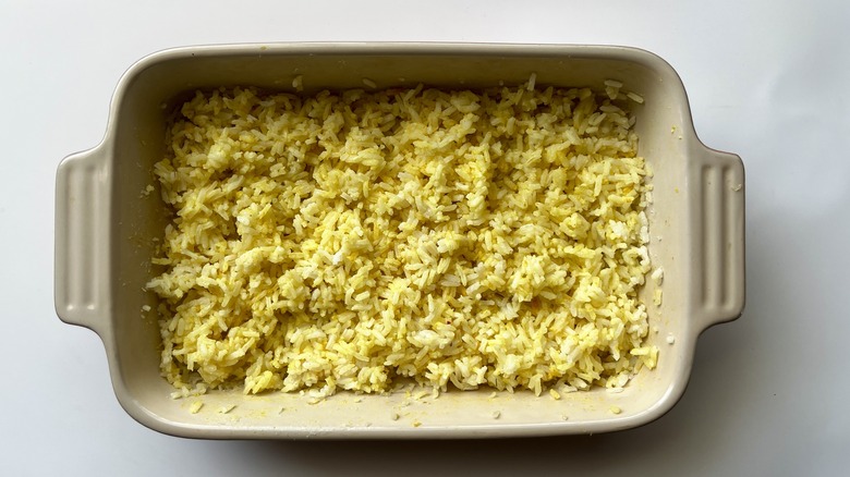 Yellow rice in a baking dish