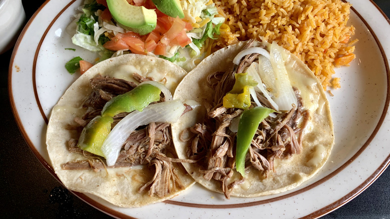 brisket tacos with rice and salad