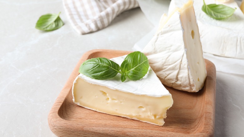 pieces of brie cheese on wooden plate