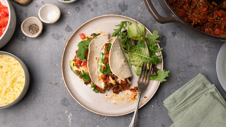 An overhead shot of a plate of sloppy joe tacos