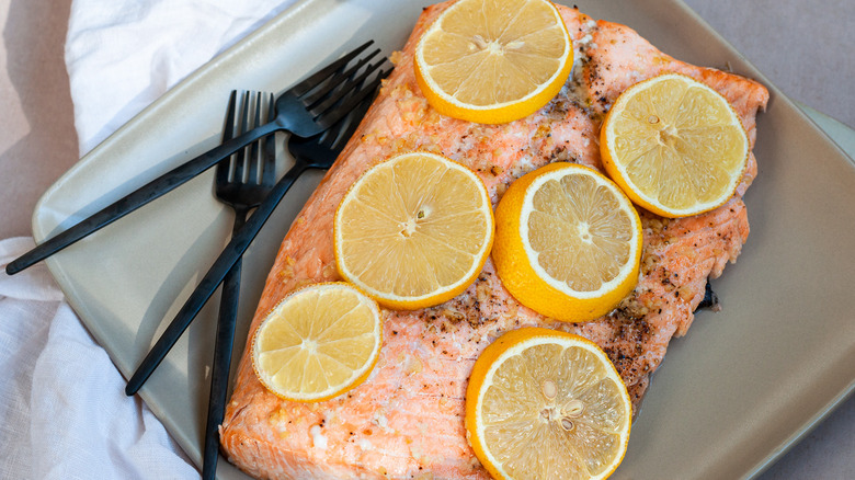 lemon garlic salmon on plate 