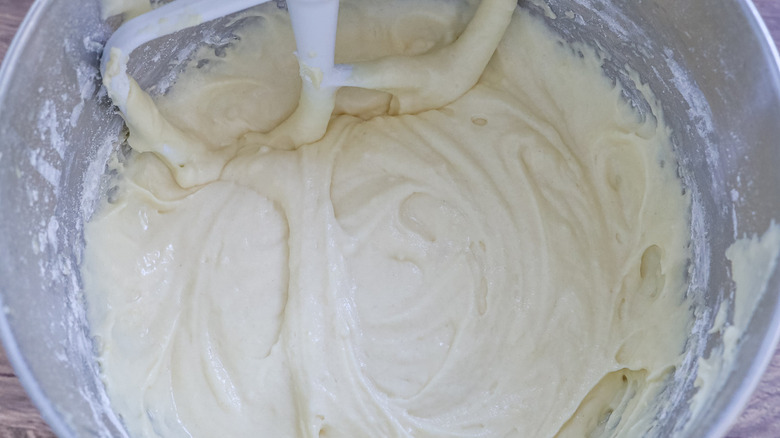 cake batter in stand mixer