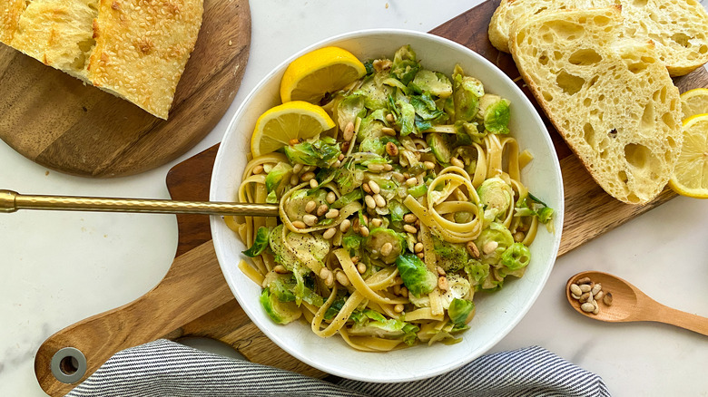 Brussels sprouts pasta and bread 