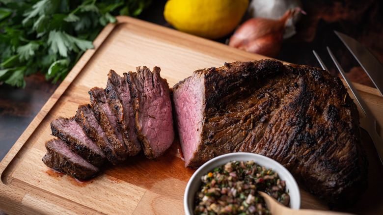 Cooked and sliced pieces of steak