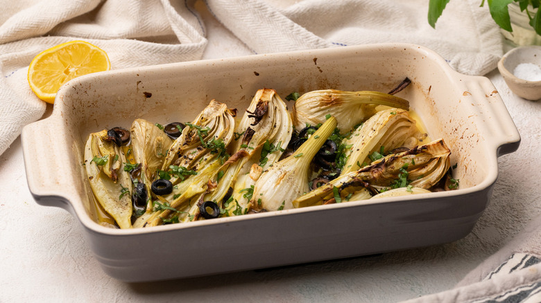 roasted fennel in baking dish