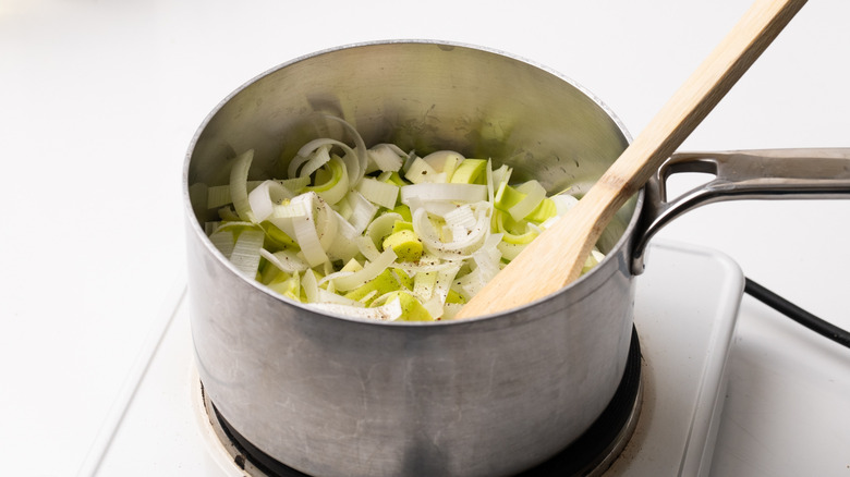 sliced leek in a saucepan