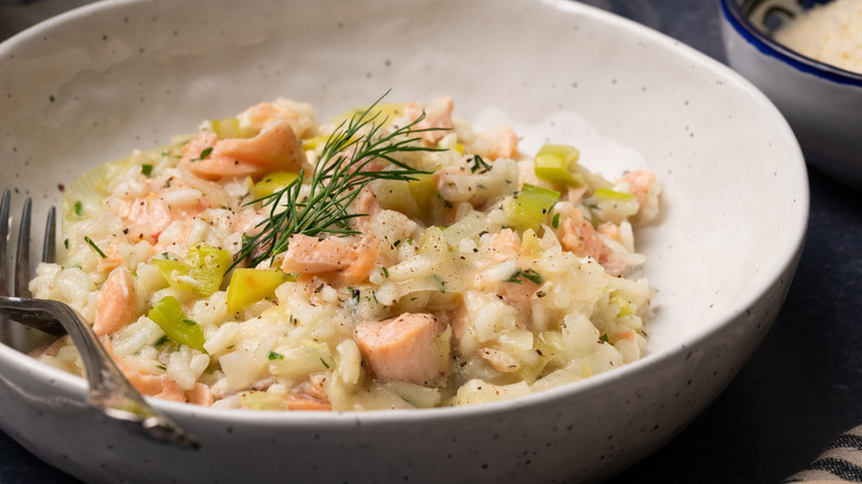 salmon risotto in bowl