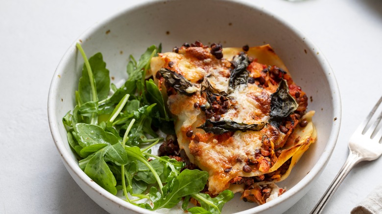 Lentil lasagna and salad