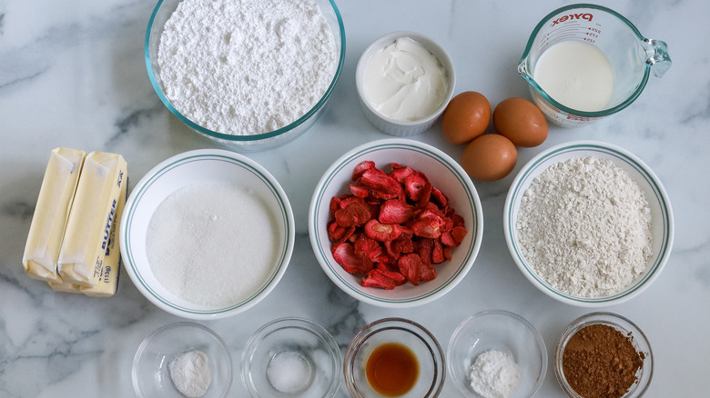 cake ingredients with dried strawberries