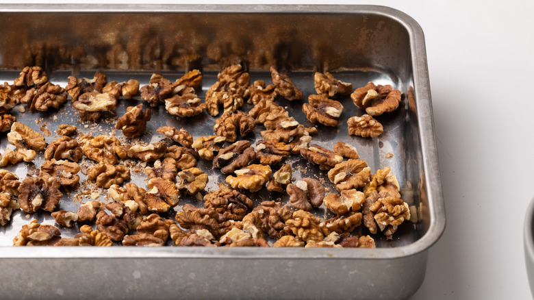 Walnuts in roasting pan