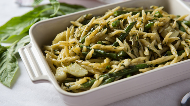 close-up of pesto pasta