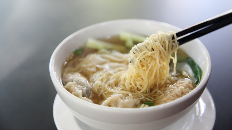 Close-up of a bowl of wonton noodles