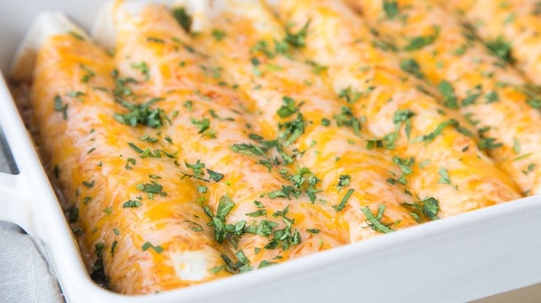 loaded beef enchiladas in pan 