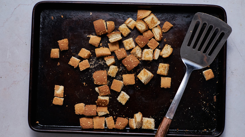 Croutons on a baking sheet