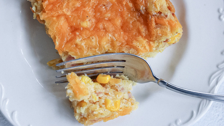 cornbread casserole on white plate