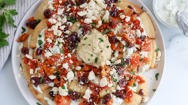 Mediterranean nachos on a plate