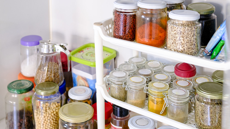 Pantry stocked with spices and condiments