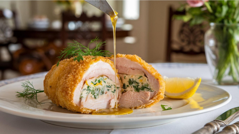 Juicy chicken breast stuffed with garlic butter, breaded and fried to a crispy, golden finish.