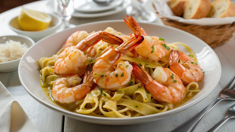 Succulent shrimp sautéed in a garlic butter and white wine sauce, tossed with linguine and fresh parsley for a luxurious and zesty pasta dish.