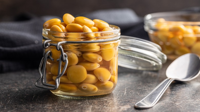 Marinated lupini beans in jar 