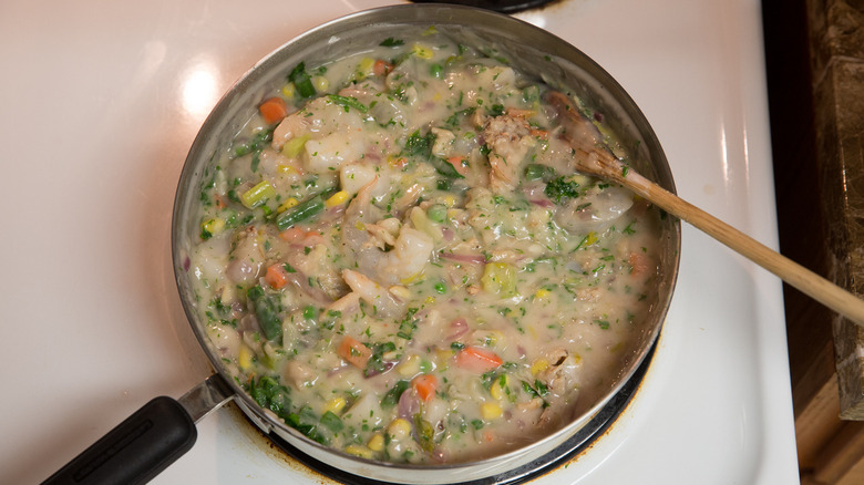 creamy seafood filling in pan