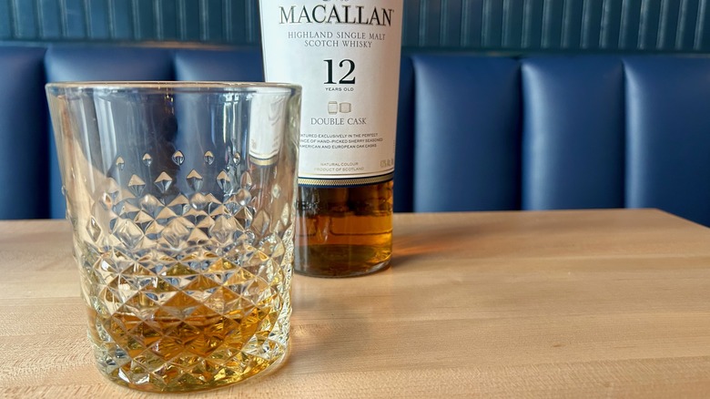 bottle and glass of Macallan 12 Double Cask