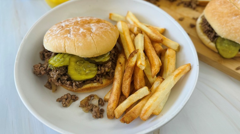ground beef burger with fries