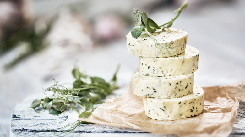 Blocks of herby garlic butter