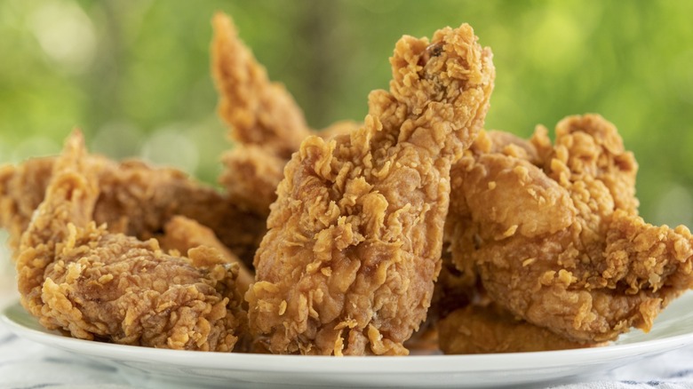 Close-up of plated fried chicken outside