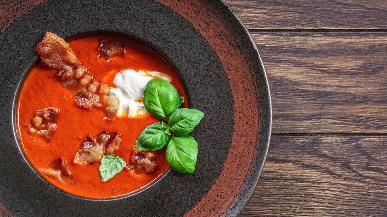 Tomato soup with bacon, cream, basil