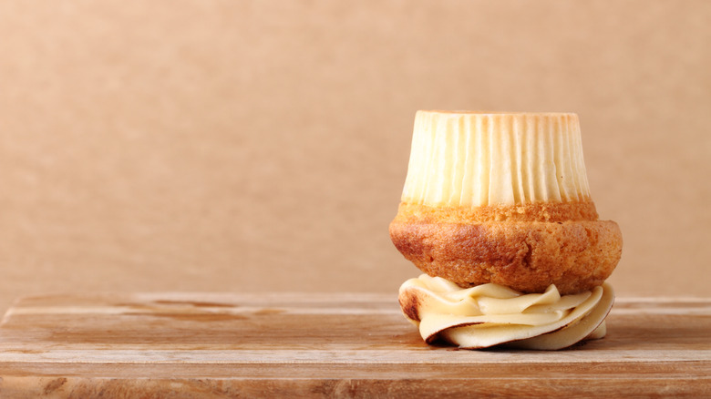 upside-down cupcake on wood