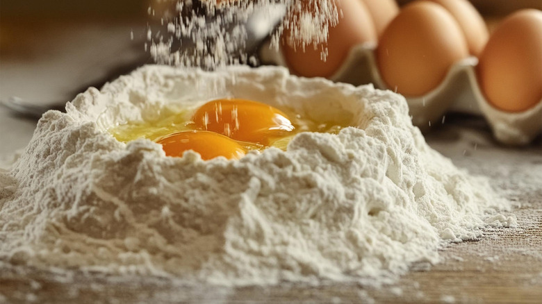 flour and egg volcano for making pasta dough