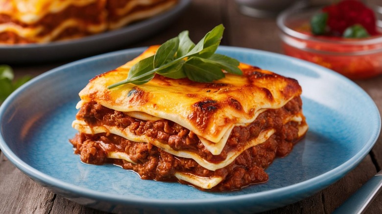 lasagna bolognese on a blue plate