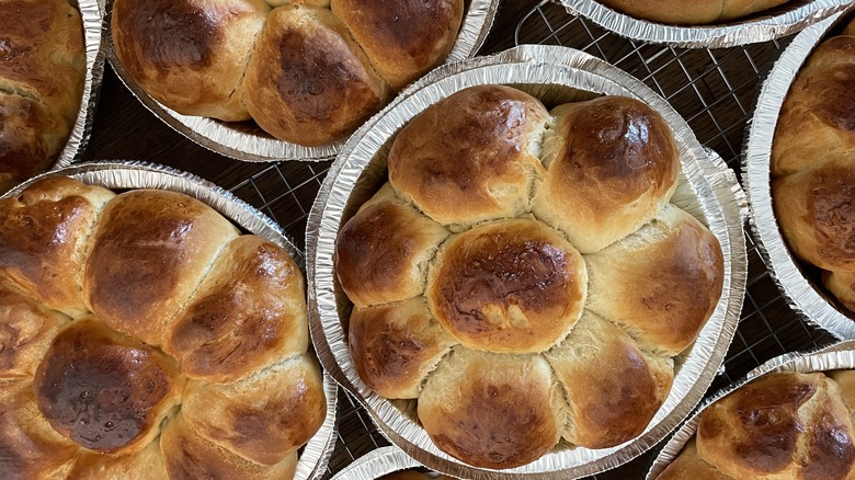 pull-apart challah bread in round tins