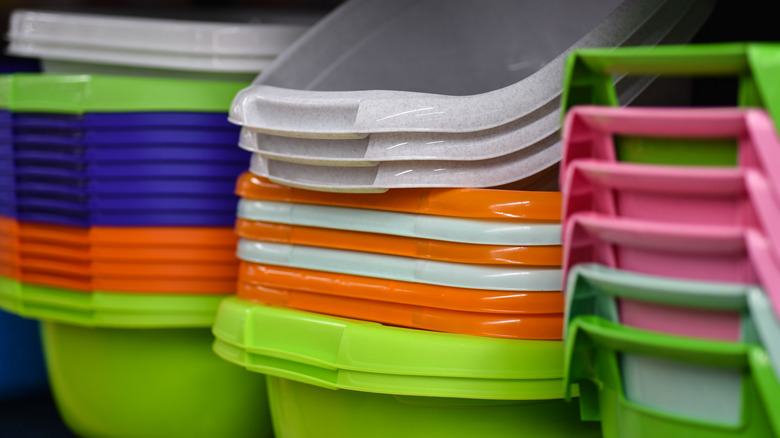 Stacks of multicolored storage bins