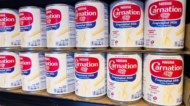 cans of evaporated milk on shelves