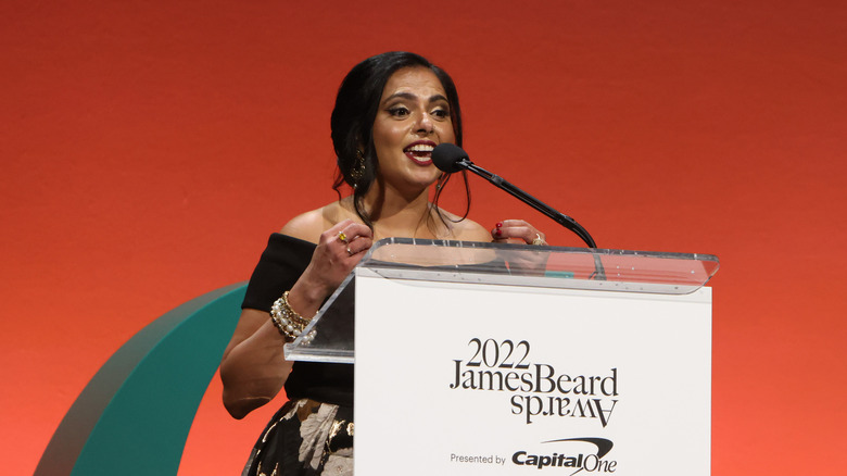 Maneet Chauhan speaking at James Beard Awards