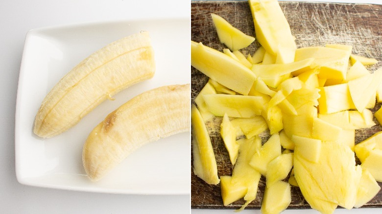 chopped banana and mango