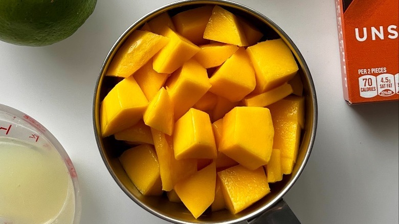 bowl of thawed mango chunks