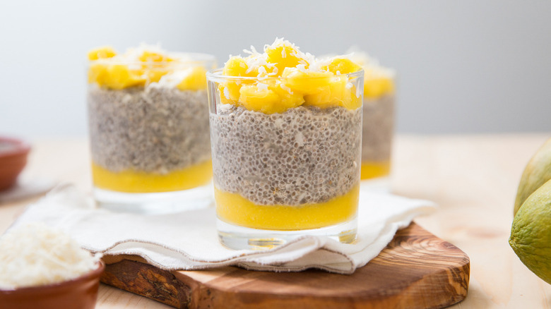 mango chia pudding in glasses 