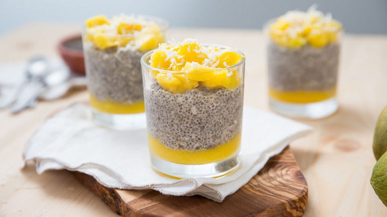 mango chia puddings in glasses 