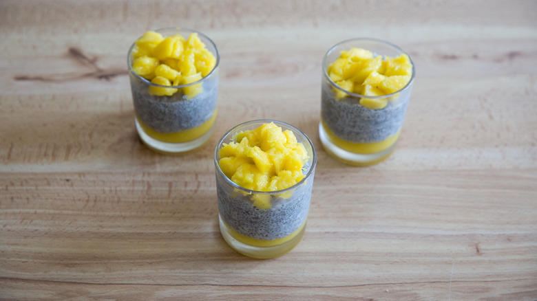 mango chia pudding in glasses 