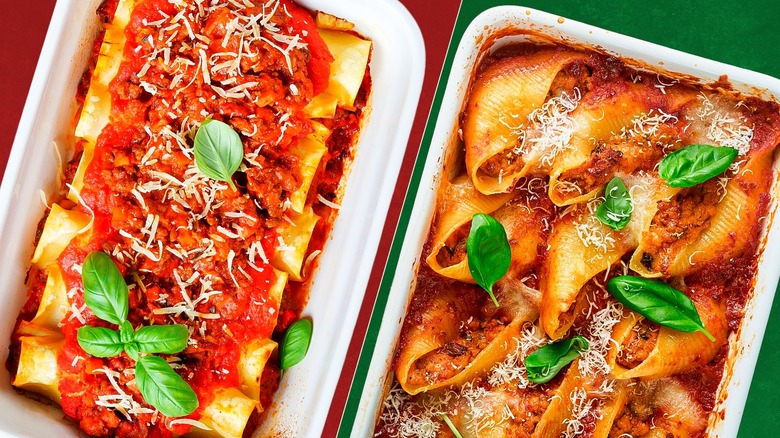 dishes of manicotti and stuffed shells with fresh basil